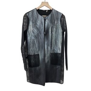 Elie Tahari Jacket Small Black White Chevron Mesh Mixed Media Longline Zip Front